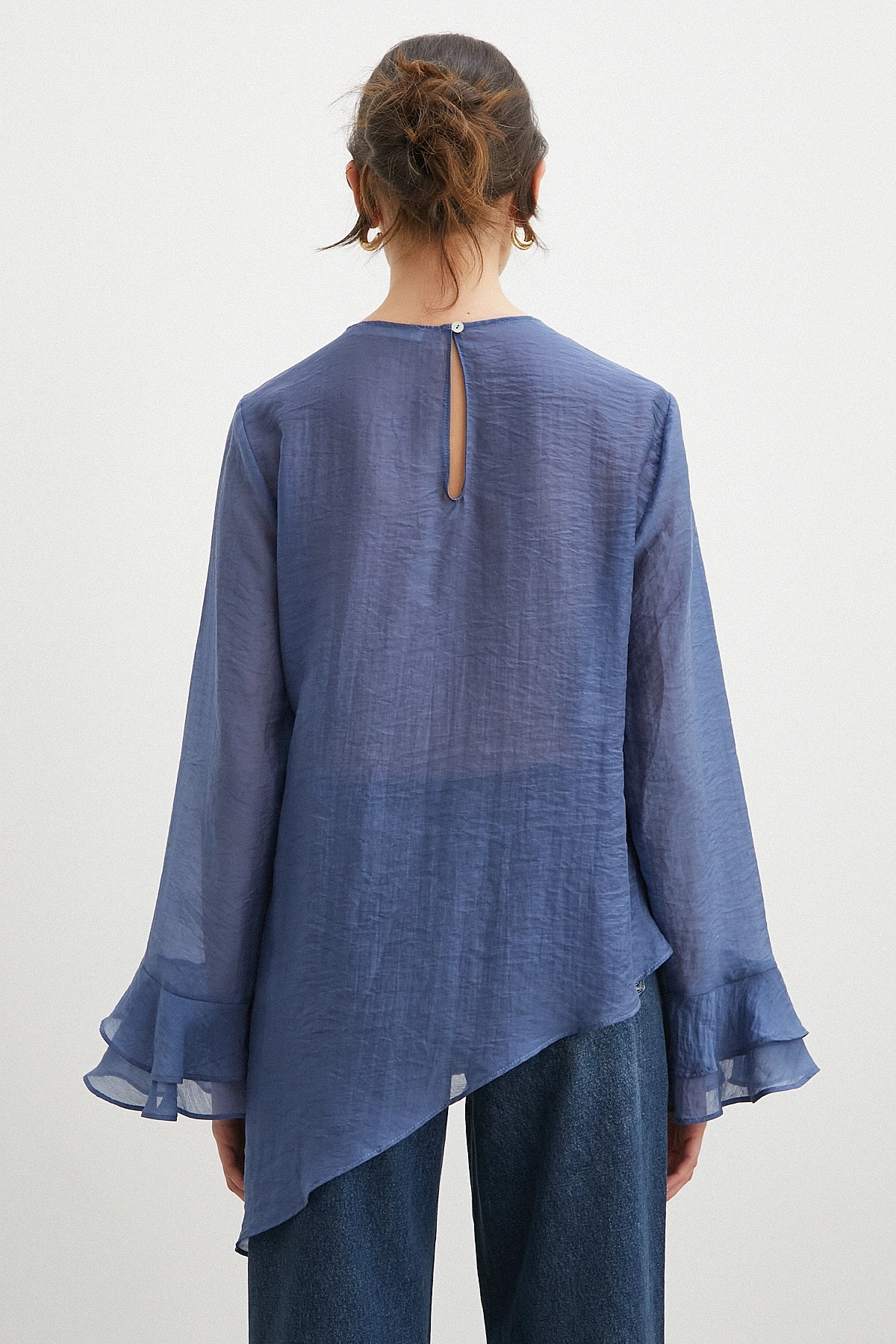 Kol Detaylı Katlı Uzun Kol Bluz Lacivert