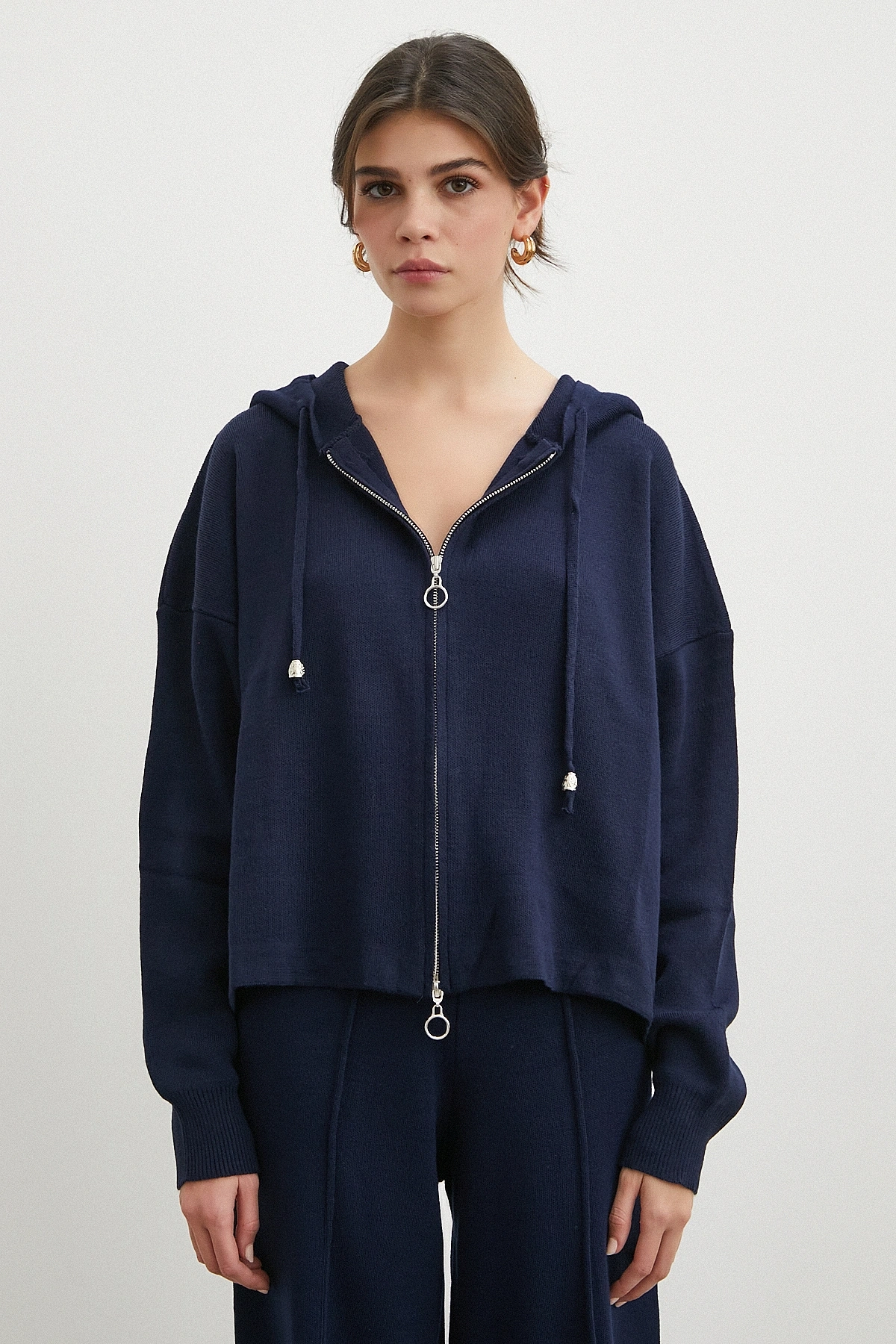 Çift Fermuarlı Kapüşonlu Pantolonlu Takım Lacivert