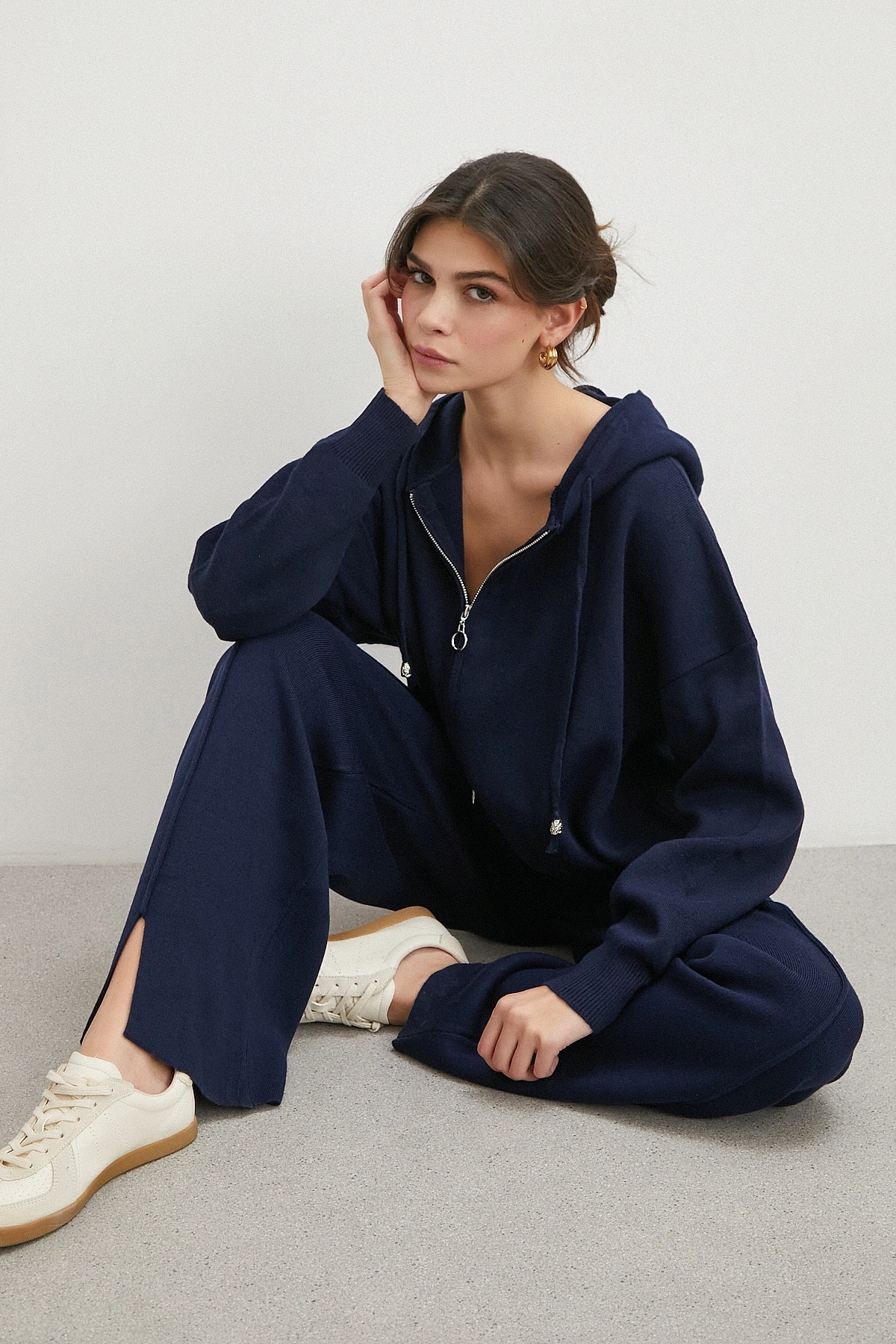 Çift Fermuarlı Kapüşonlu Pantolonlu Takım Lacivert