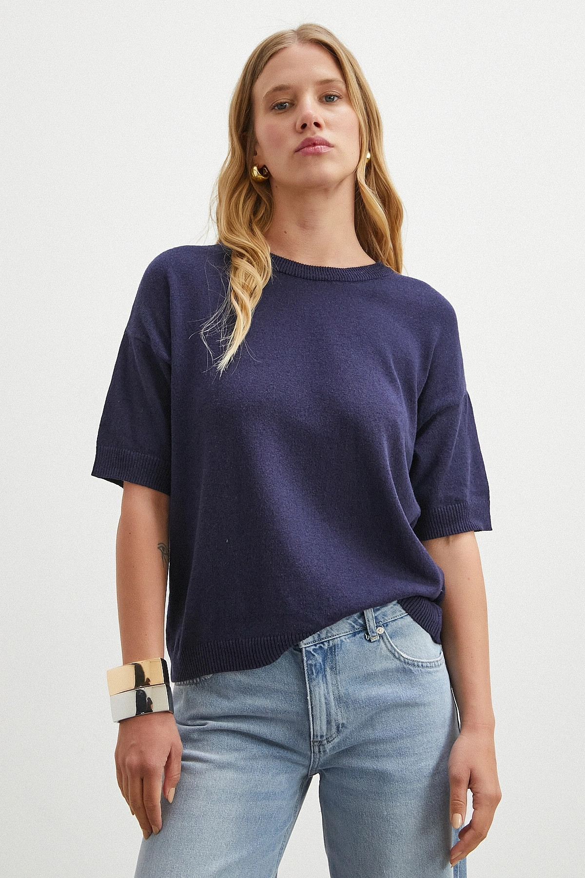 Bisiklet Yaka Triko T-shirt Lacivert
