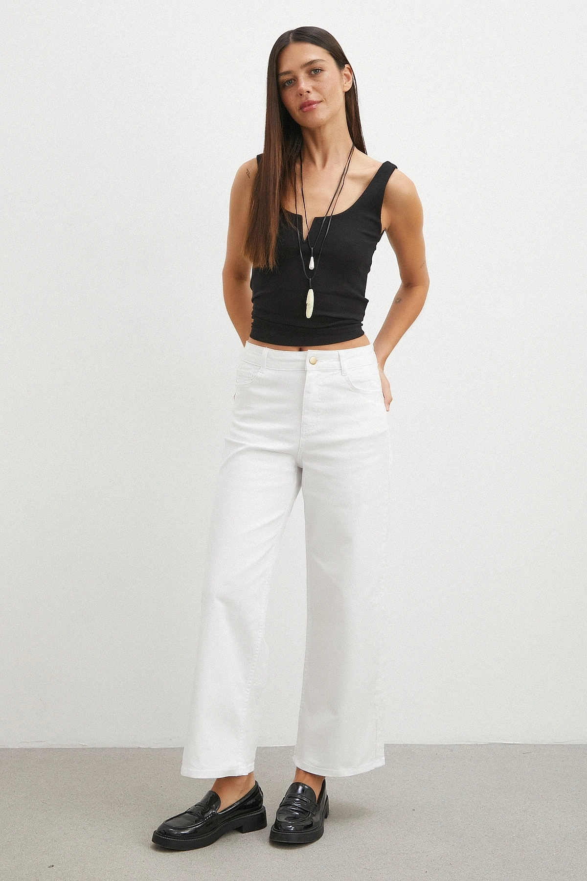 Yüksek Bel Culotte Jean Beyaz
