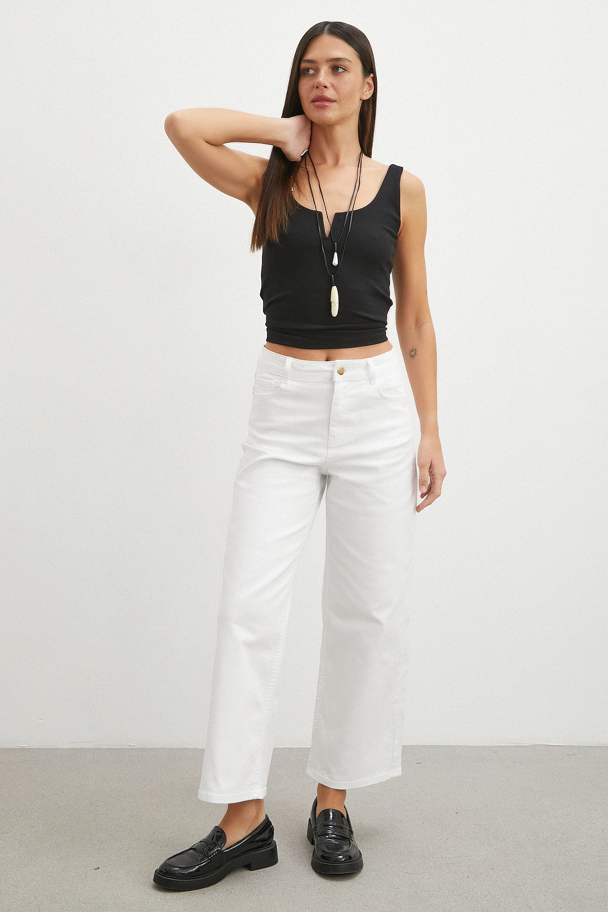 Yüksek Bel Culotte Jean Beyaz