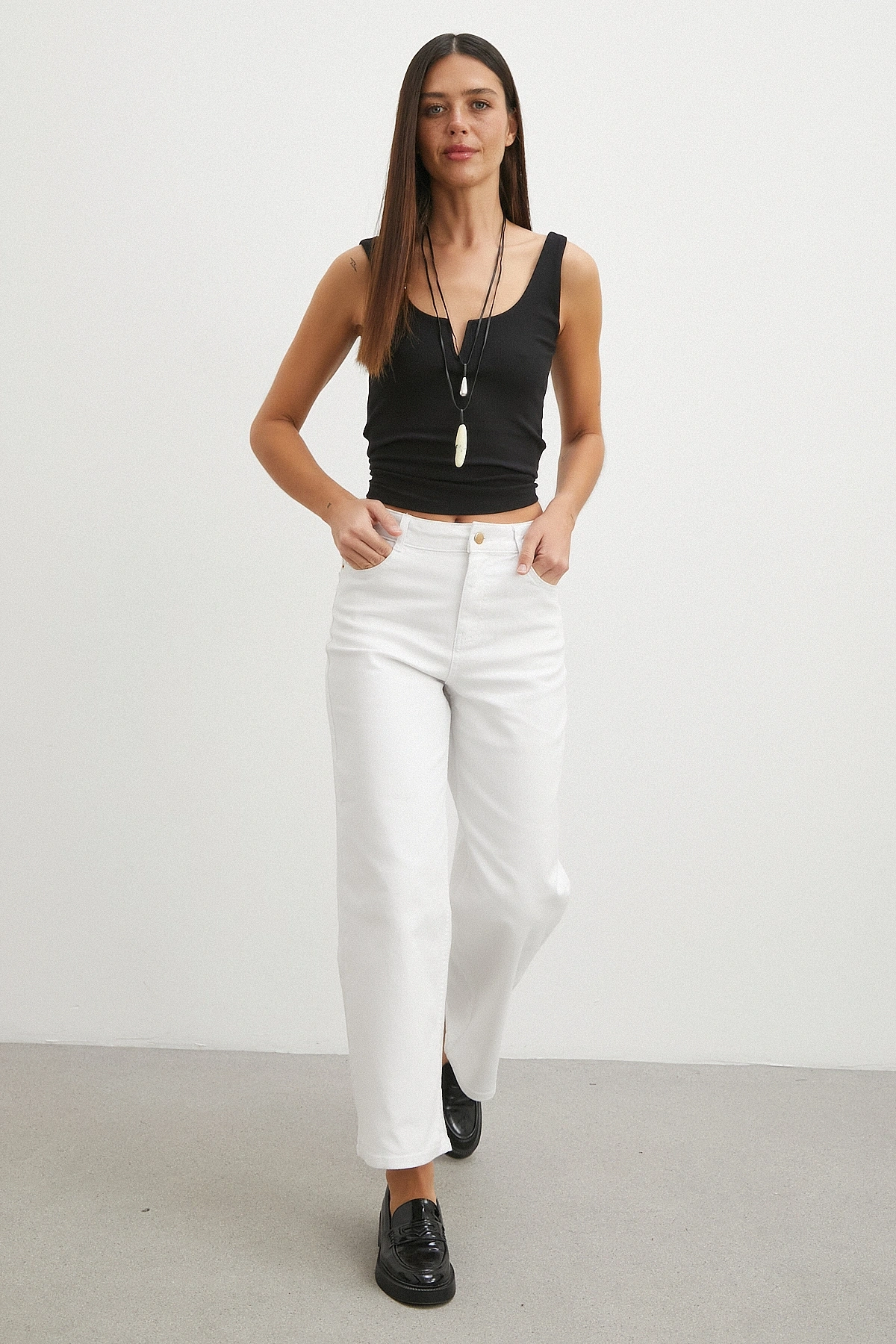Yüksek Bel Culotte Jean Beyaz