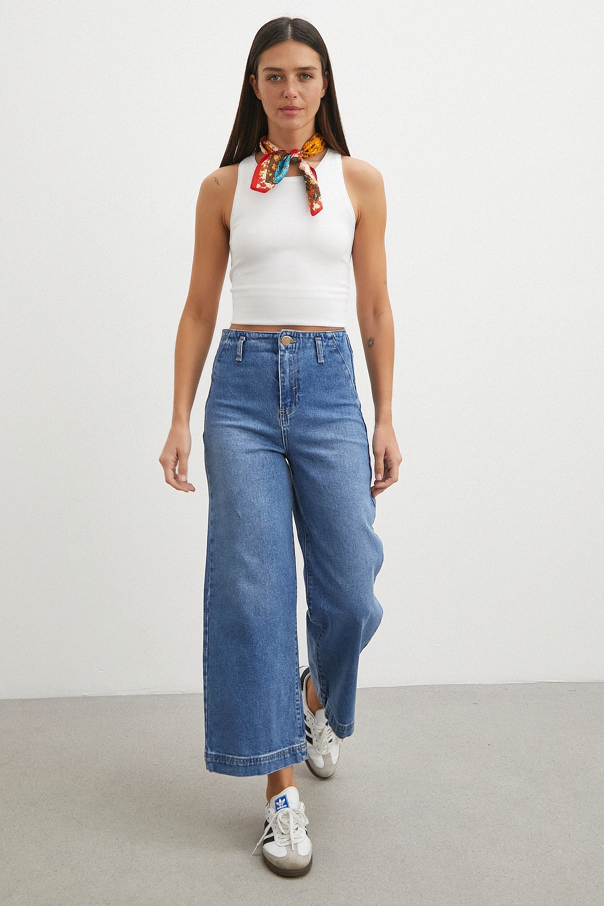 Yüksek Bel Cep Detaylı Wide Leg Jean Mavi