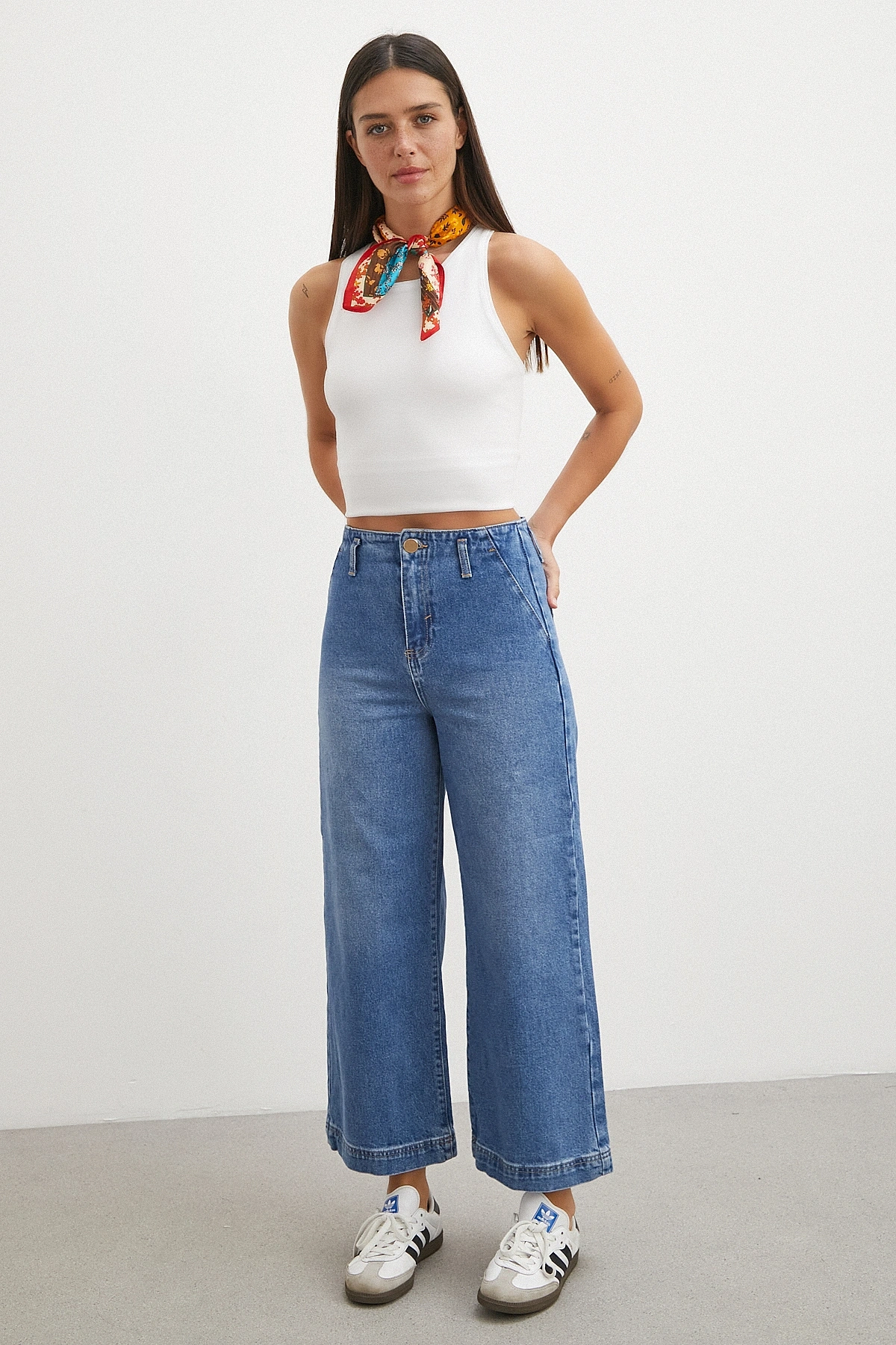 Yüksek Bel Cep Detaylı Wide Leg Jean Mavi