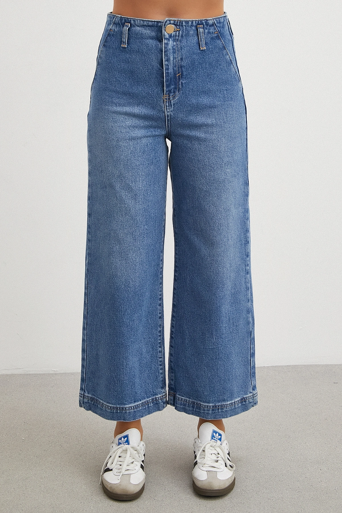Yüksek Bel Cep Detaylı Wide Leg Jean Mavi