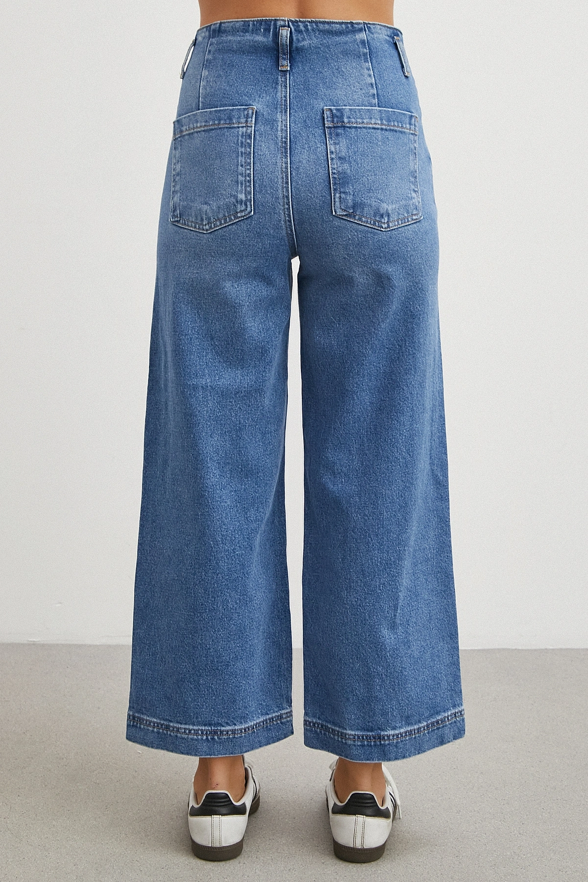 Yüksek Bel Cep Detaylı Wide Leg Jean Mavi