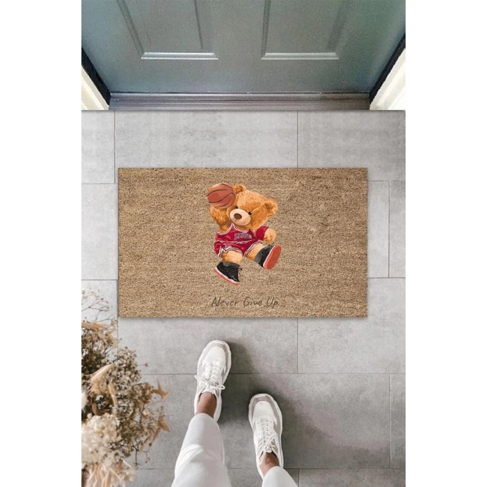 Bej Kapı Önü Paspası Never Give Up Ayıcık Desen  K-3315