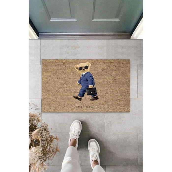 Bej Kapı Önü Paspası Rush Hour Ayıcık Desen  K-3318