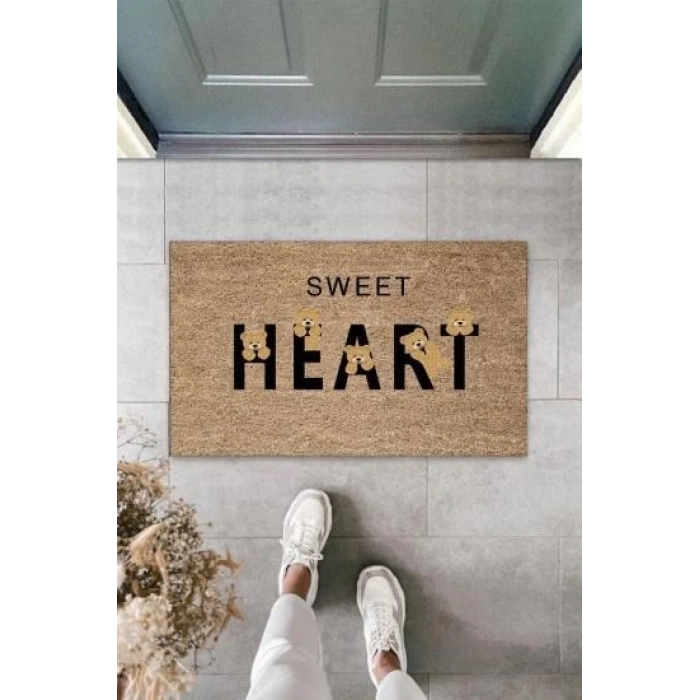 Bej Kapı Önü Paspası Sweet Heart Ayıcık Desen  K-3334
