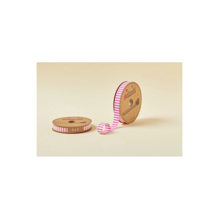 Biye Kalın Çizgili Katlı F02 Pembe 2 cm 25 Metre %65 Koton %35 Polyester