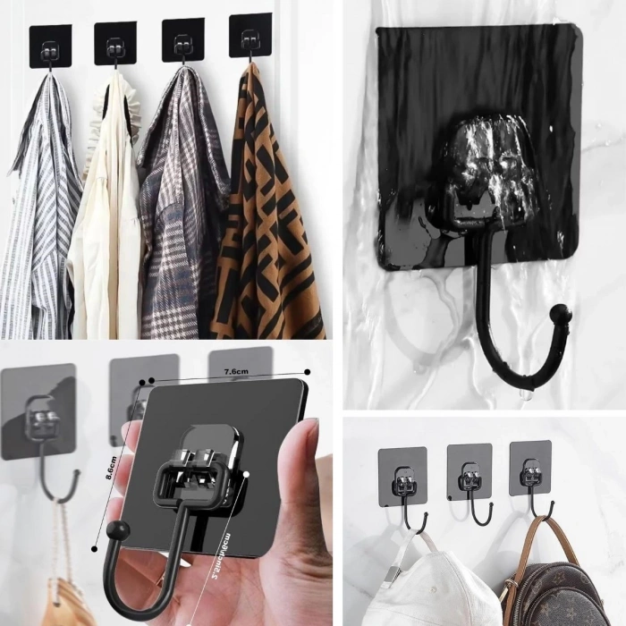 BUFFER® 10 Adet Duvara, Dolapa Yapışan Güçlü Yapışkanlı Siyah Duvar Askısı