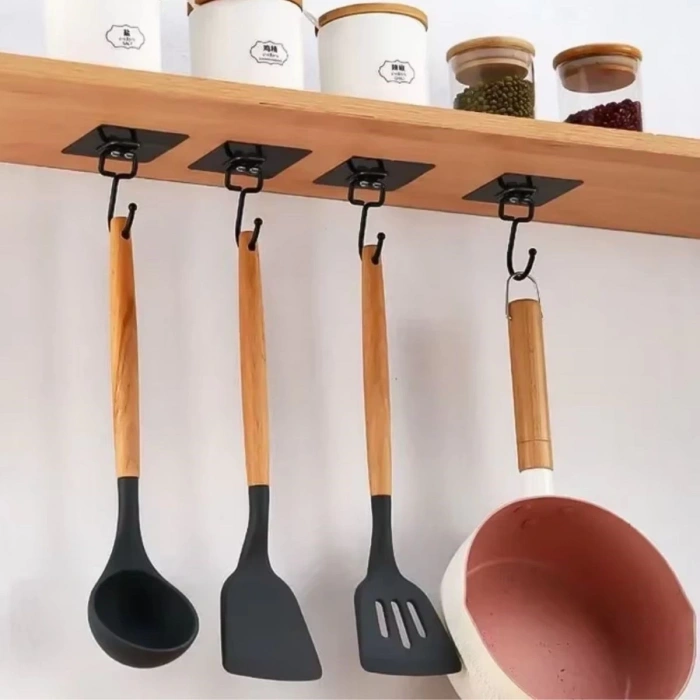 BUFFER® 10 Adet Duvara, Dolapa Yapışan Güçlü Yapışkanlı Siyah Duvar Askısı