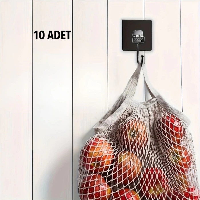 BUFFER® 10 Adet Duvara, Dolapa Yapışan Güçlü Yapışkanlı Siyah Duvar Askısı