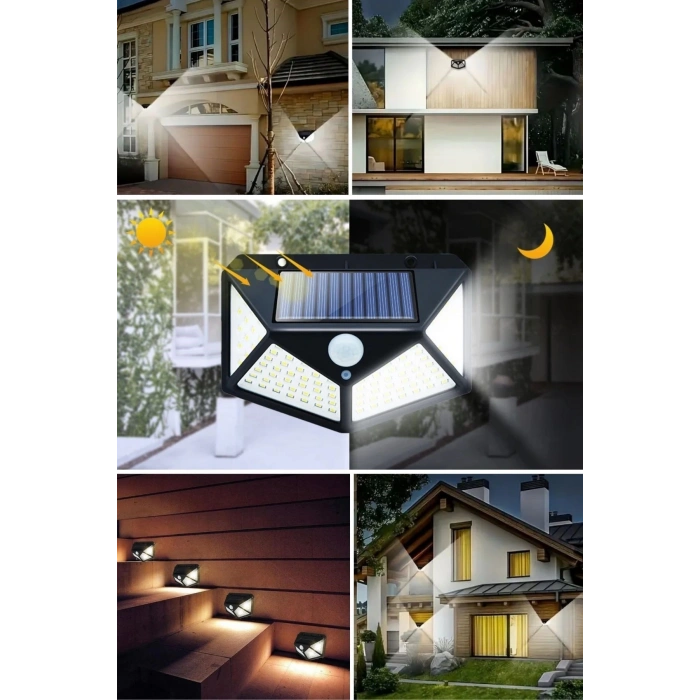 BUFFER® 100 Ledli 3 Farklı Aydınlatma Ayarlı Solar Güneş Enerjili Hareket Sensörlü Bahçe Duvar Lambası