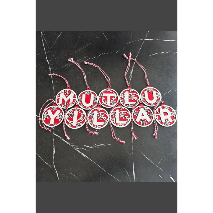 BUFFER® 11 Harfli Kırmızı Beyaz İpli MUTLU YILLAR Yazılı Ahşap Yılbaşı Ağaç Süsü