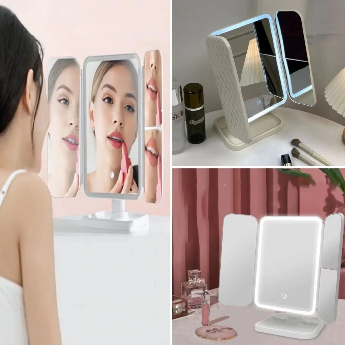 BUFFER® 2 Kapaklı,3 Farklı Dokunmatik Led Ayarlı USB Şarj ile Şarj Olabilen Makyaj Aynası