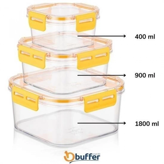BUFFER® 3lü Pratik Silikon Contalı Sızdırmaz Kapaklı Sağlam İstiflenebilir Saklama Kapları