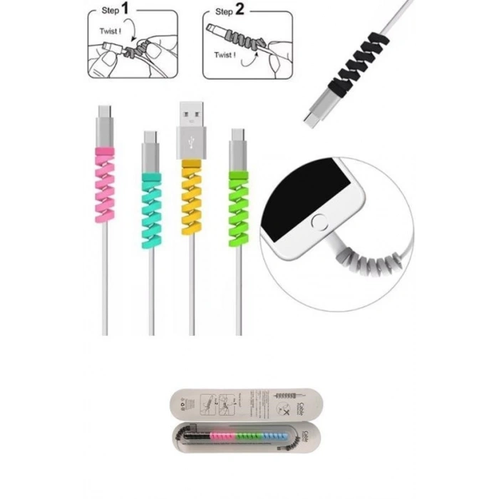 BUFFER® 4lü Apple, Android Şarj Kablosu Koruyucu Silikon Spiral Yay Aparat