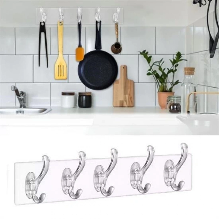 BUFFER® 5li Güçlü Yapışkanlı Şeffaf Duvar Askısı Banyo Mutfak Düzenleyici Pratik Askılık