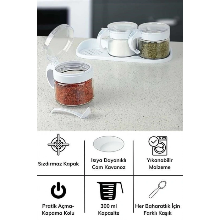 BUFFER® Beyaz 3lü Standlı Kapaklı Kaşıklı Cam Hava Sızdırmaz Baharatlık Takımı KC-386