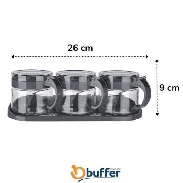 BUFFER® Gri  3lü Standlı Kapaklı Kaşıklı Cam Hava Sızdırmaz Baharatlık Takımı KC-386