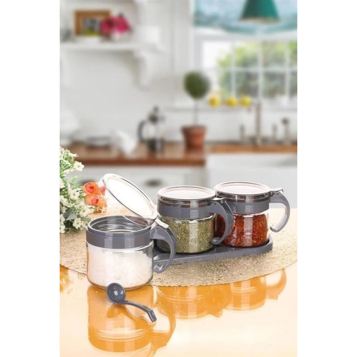 BUFFER® Gri  3lü Standlı Kapaklı Kaşıklı Cam Hava Sızdırmaz Baharatlık Takımı KC-386