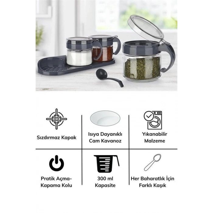 BUFFER® Gri  3lü Standlı Kapaklı Kaşıklı Cam Hava Sızdırmaz Baharatlık Takımı KC-386