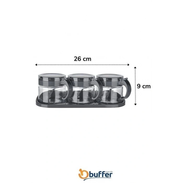 BUFFER® Gri  3lü Standlı Kapaklı Kaşıklı Cam Hava Sızdırmaz Baharatlık Takımı KC-386