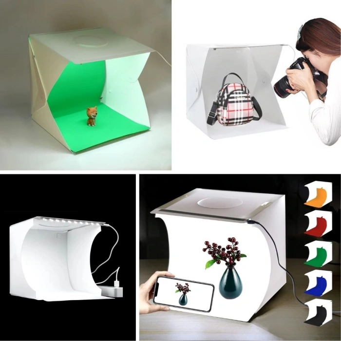 BUFFER® Katlanır Işıklı Fotoğraf Stüdyosu 40x40 cm 6 Renk Fonlu Ürün Çekimi İçin Uygun Fotoğraf Çekim Kutusu