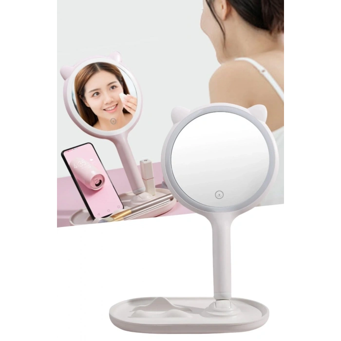 BUFFER® Kedi Kulaklı Telefon Standlı Yuvarlak Dokunmatik Led Ayarlı Masa Üstü Makyaj Aynası