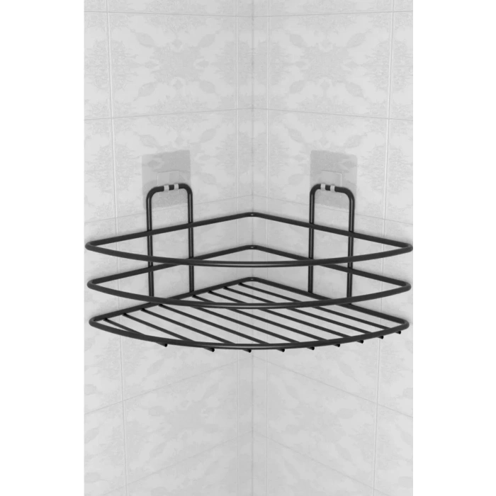 BUFFER® Kendiliğinden Yapışkanlı Montaj Gerektirmeyen Tek Katlı Banyo Askı Köşe Şampuanlık Siyah