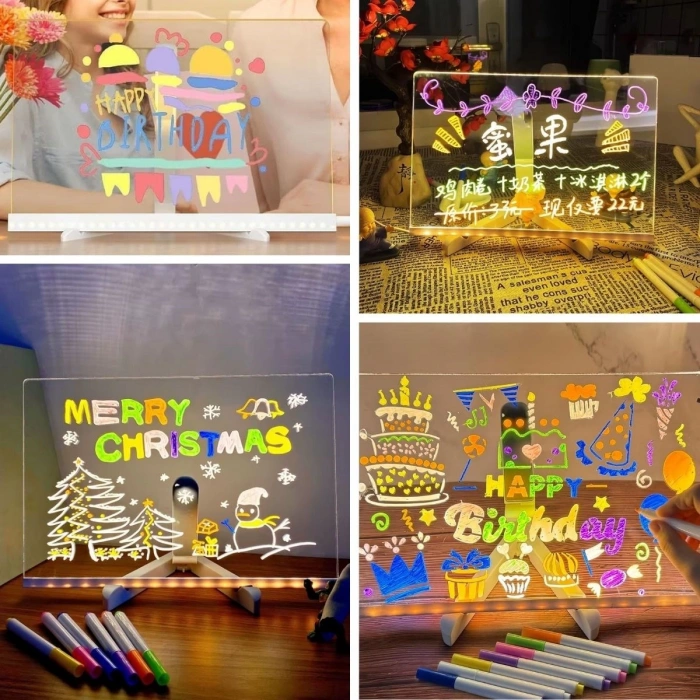 BUFFER® LED Işıklı Kendiliğinden Renkli Fosforlu Kalemli Dikdörtgen Yazı Panosu 20x30 cm