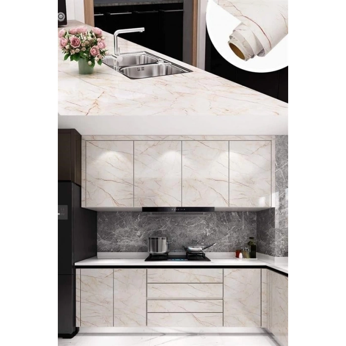 BUFFER® Mermer Desenli Masa Tezgah Mutfak Su Geçirmez Yapışkanlı Folyo Sticker Bej 5x0,6m