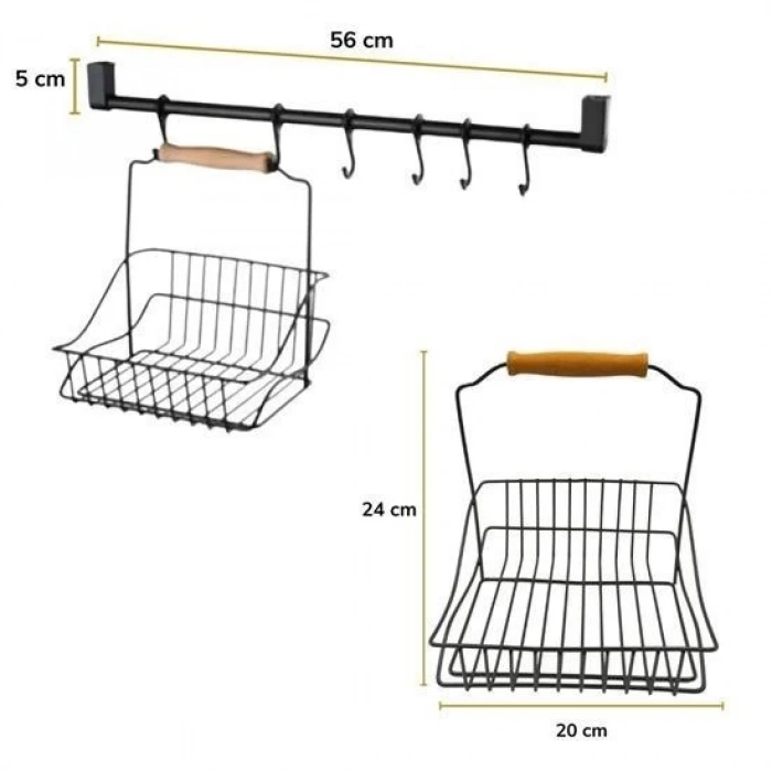 BUFFER® Retro Ferforje Askılı Siyah Ahşap Kulplu Düzenleyici Mutfak Sepeti