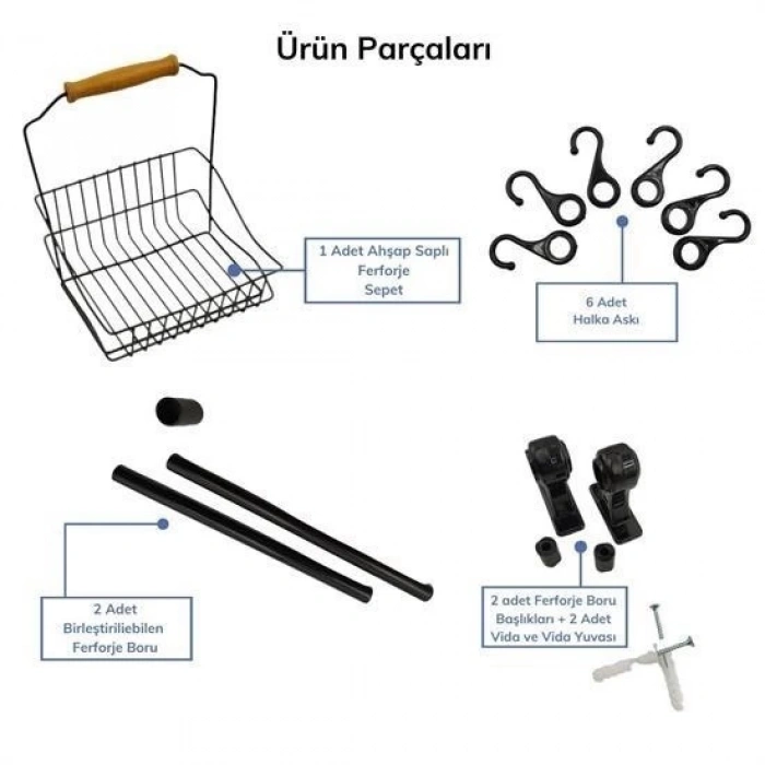 BUFFER® Retro Ferforje Askılı Siyah Ahşap Kulplu Düzenleyici Mutfak Sepeti