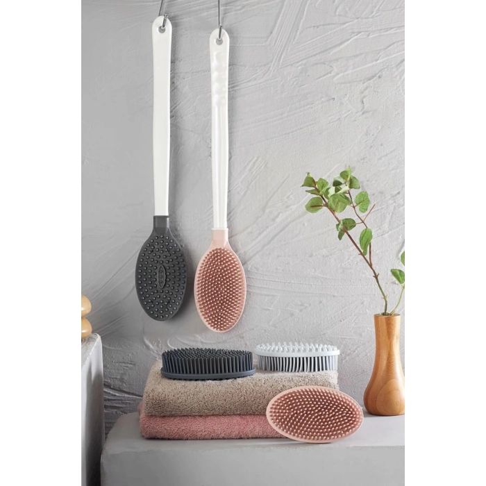BUFFER® Silikon Masajlı Uzun Saplı Vücut Masaj Fırçası Banyo Sırt Kesesi Saplı Yumuşak Fırça