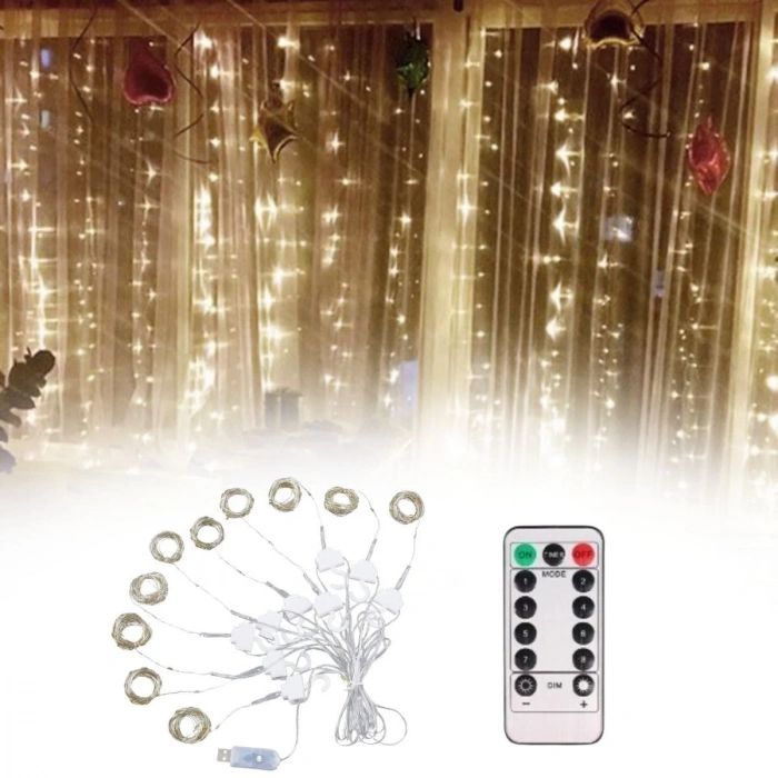 BUFFER® Uzaktan Kumandalı LED Perdeye Takılabilen Kancalı Işık Usb 3x3 Metre Peri Perde LED