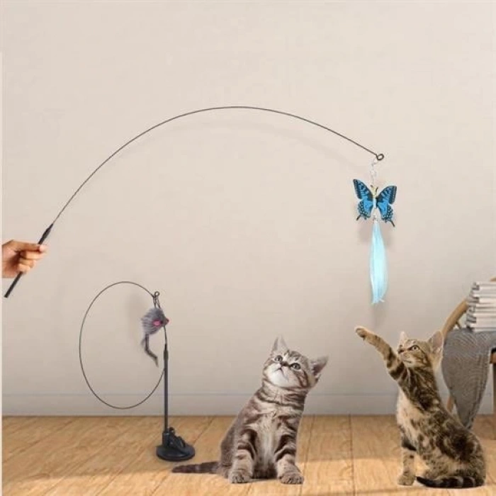 BUFFER® Vantuzlu Tüylü Zilli Olta Kedi Oyuncağı 2 Oltalı