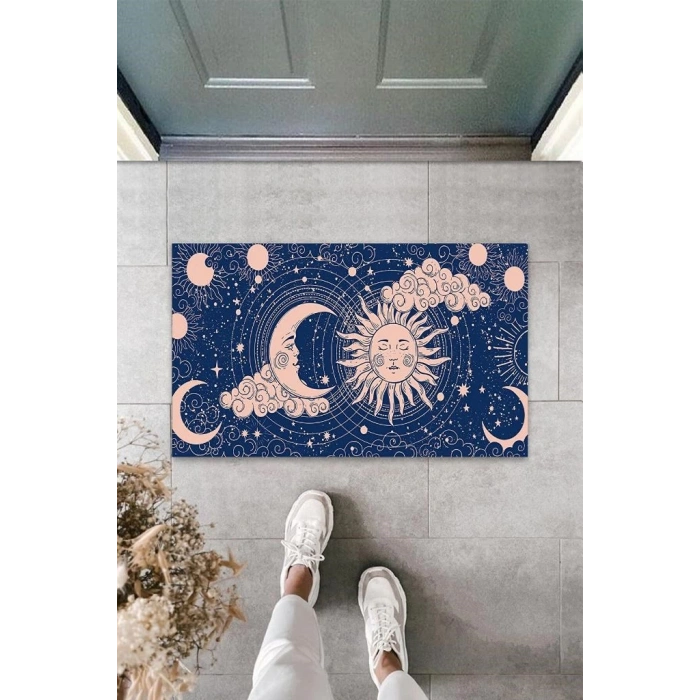 Dekoratif Dijital Güneş ve Ay Lacivert Kapı Paspası Dış Mekan Paspas K-3115