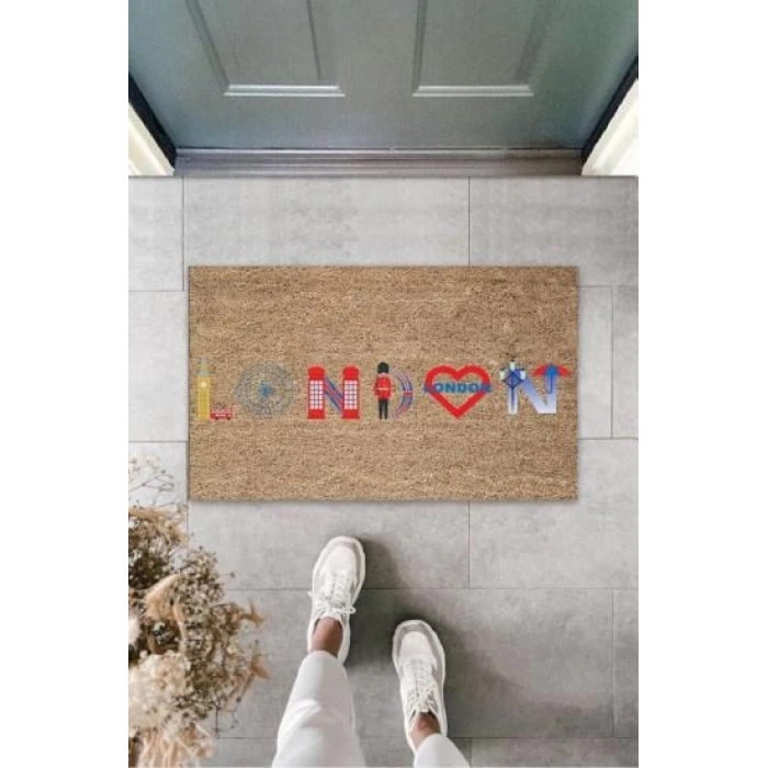 Dekoratif Dijital London Kalpli Bej Kapı Paspası Dış Mekan Paspas K-3162