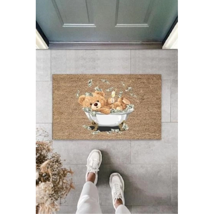 Dekoratif Dijital Para Küvetinde Ayıcık Bej Kapı Paspası Dış Mekan Paspas K-3191