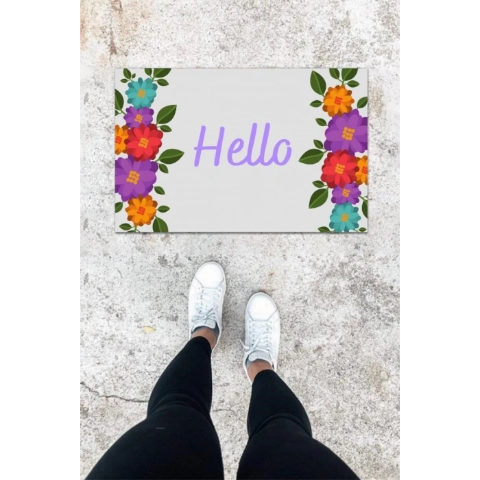 Dijital Baskı Açık Mavi Çiçek Desen Kapı Önü Paspası K-1002