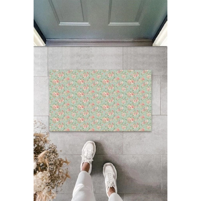 Dijital Baskı Açık Yeşil Çoklu Çiçek Paspas K-3072