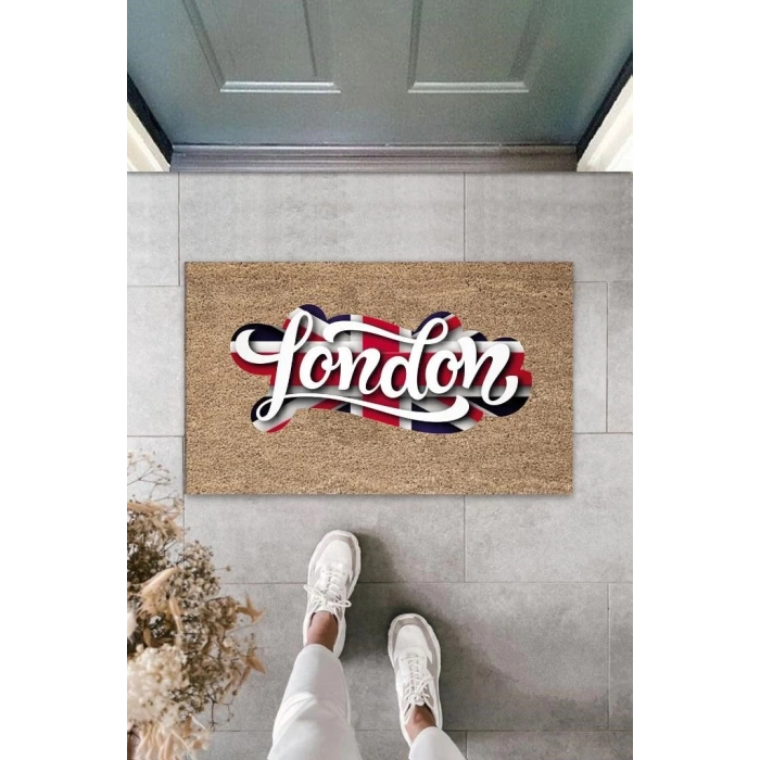 Dijital Baskı Bej London Bayrak Paspas K-3024