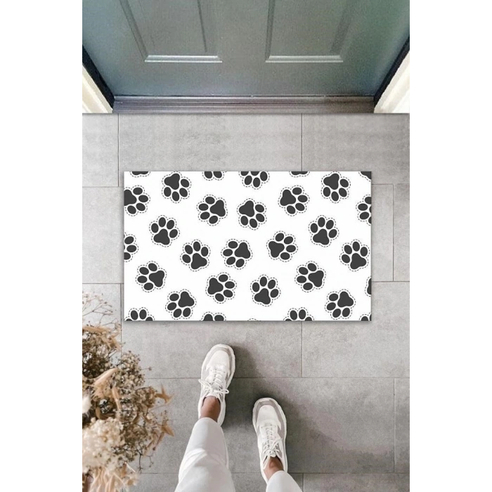 Dijital Baskı Beyaz Siyah Patiler Dekoratif Kapı Paspası K-2024