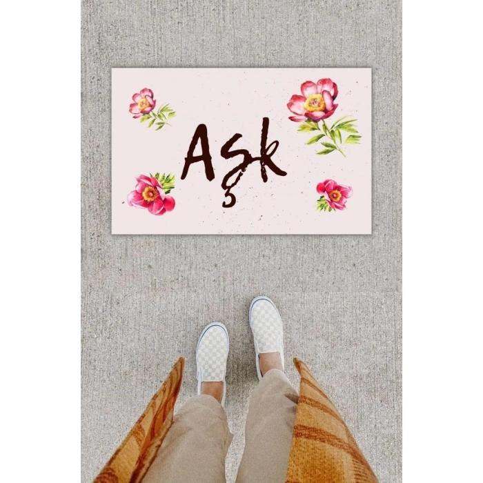 Dijital Baskı Dekoratif Çiçek Krem Kapı Önü Paspası K-1206