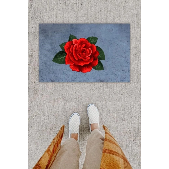 Dijital Baskı Dekoratif Gül Antrasit Kapı Önü Paspası K-1295