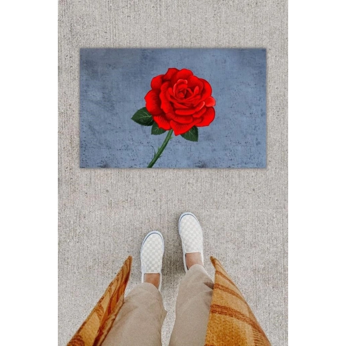 Dijital Baskı Dekoratif Gül Kırmızı Kapı Önü Paspası K-1294