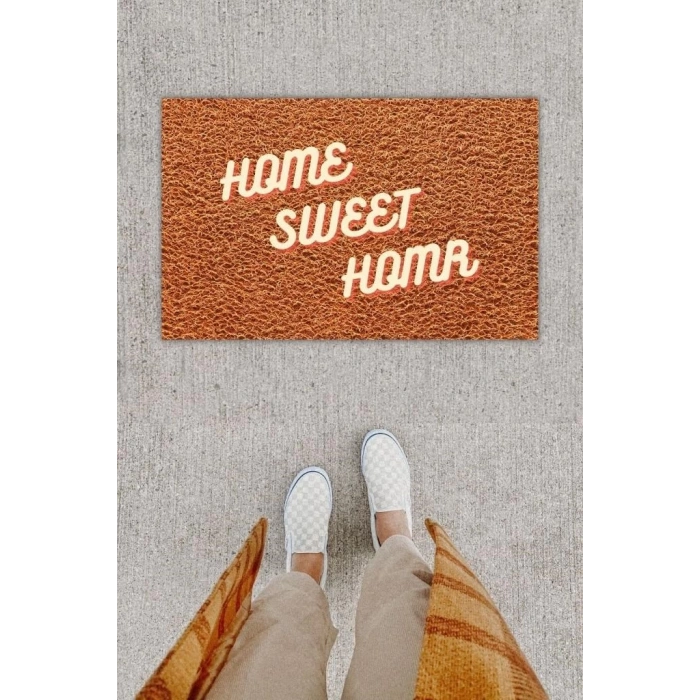 Dijital Baskı Dekoratif Home Sweet Home Kahverengi Kapı Önü Paspası K-1236